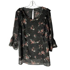 Torrid Floral Dot Print Top Smocked Bell-Sleeve Chiffon Blouse Black Size 2X